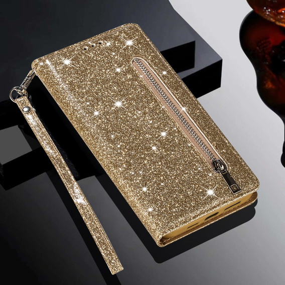 Etui z klapką do Samsung Galaxy A56 5G, Wallet Zipper Pocket Glittery, złote