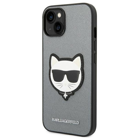 Etui Karl Lagerfeld do iPhone 14 Plus, Saffiano Choupette Head Patch, srebrne