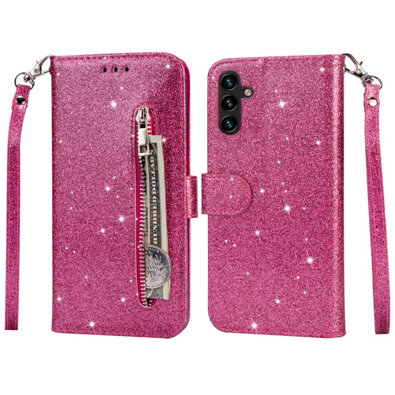 Etui z klapką do Samsung Galaxy A35 5G, Wallet Zipper Pocket Glittery, różowe