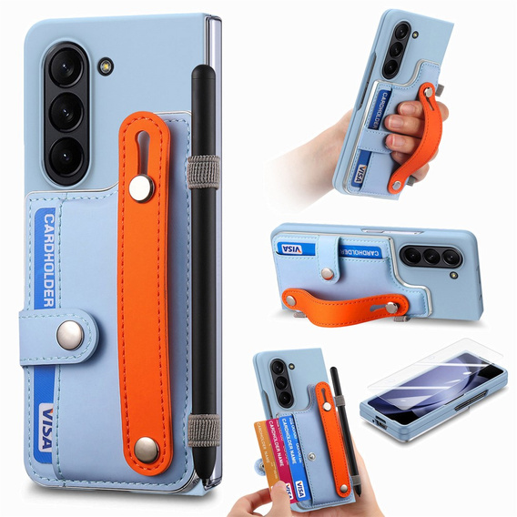 Etui skórzane do Samsung Galaxy Z Fold6 5G, z podstawką i szkłem, niebieskie