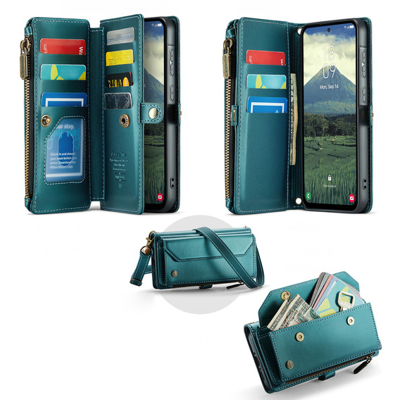Etui z klapką do Samsung Galaxy A17 5G, portfelowe z zamkiem i paskami - zielone