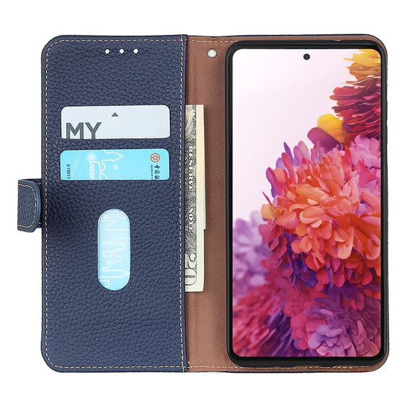 Skórzane Etui KHAZNEH RFID do Xiaomi Poco F6, Litchi Texture, niebieskie