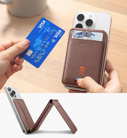 Magnetyczny portfel SURITCH z lokalizatorem Find My, NFC i podstawką – brązowy
