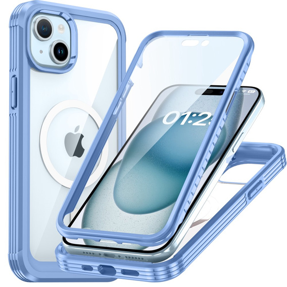 Etui do iPhone 15 Plus, Pancerne Full Protect 360° do MagSafe, szkło na ekran, niebieskie
