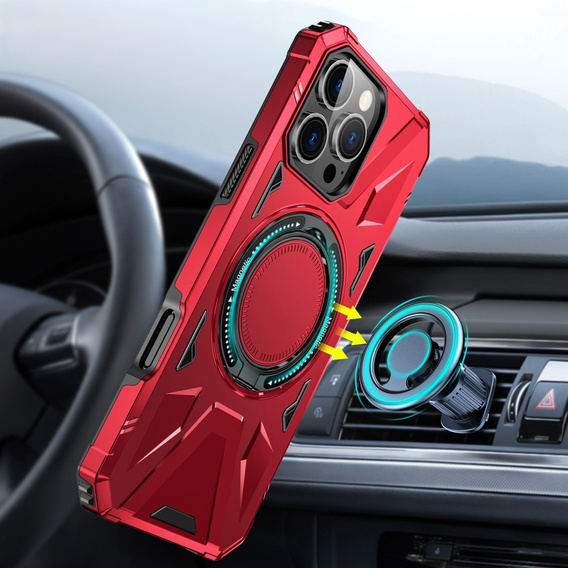 Etui do iPhone 16 Pro, pancerne z podstawką i blaszką do uchwytu, czerwone