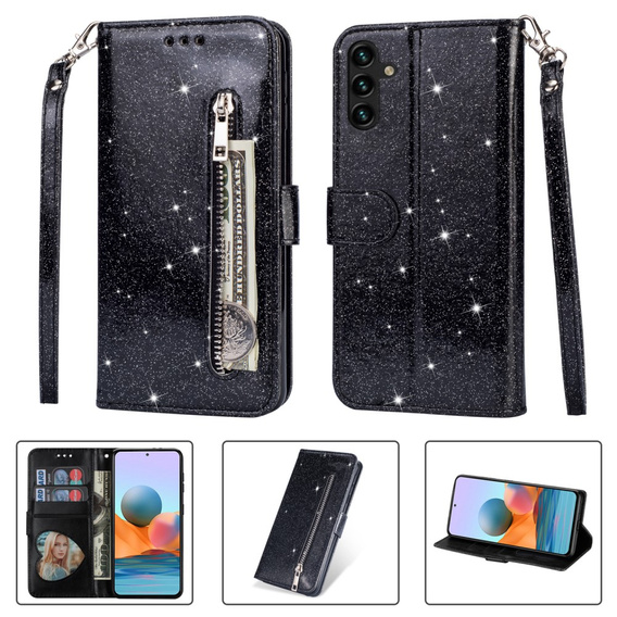 Etui z klapką do Samsung Galaxy A35 5G, Wallet Zipper Pocket Glittery, czarne