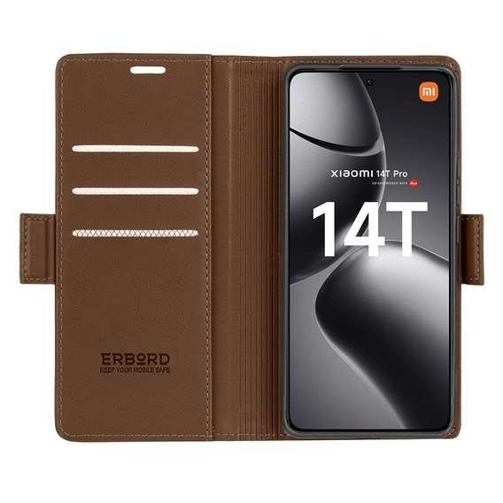 Etui do Xiaomi 14T Pro, ERBORD Glossy Litchi, portfel z klapką, brązowe