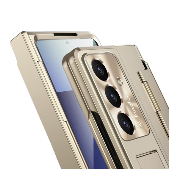 Etui z podstawką do Samsung Galaxy Z Fold7 5G, z ochroną zawiasu, szkłem i rysikiem - złote