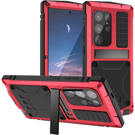 Etui pancerne do Samsung Galaxy S25 Ultra, R-JUST z podstawką pod obiektywami, czerwone