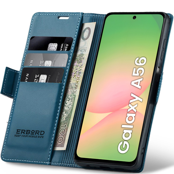 Etui do Samsung Galaxy A56 5G, ERBORD Glossy Litchi, portfel z klapką, niebieskie