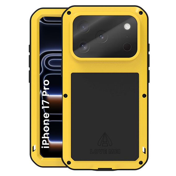 Etui Love Mei do iPhone 17 Pro, pancerne ze szkłem, żółte