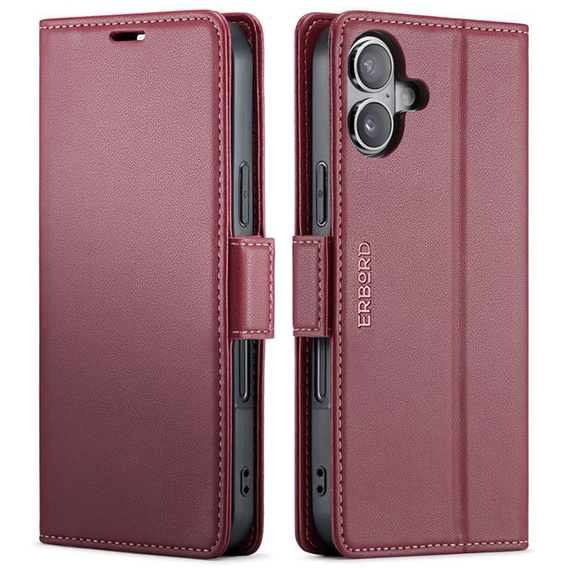 Etui do iPhone 17, ERBORD Glossy Litchi, portfel z klapką, czerwone