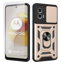 Zestaw Etui do Motorola Moto G73 5G pancerne, z ochroną aparatu i ringiem, złote + szkło