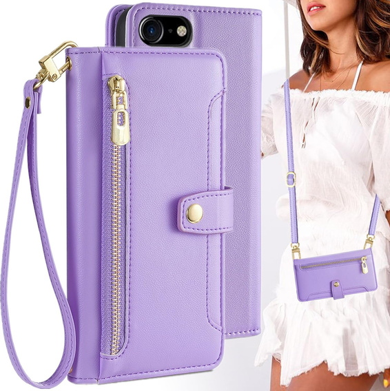 Etui z klapką do iPhone 16E, Wallet Zipper Pocket, fioletowe