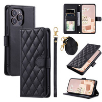 Etui z klapką do iPhone 16 Pro, Rhombus Crossbody Leather, czarne