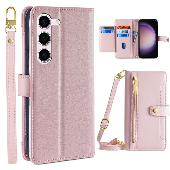 Etui z klapką do Samsung Galaxy S23, Wallet Zipper Pocket, różowe