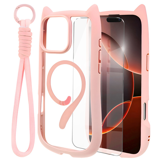 Etui do iPhone 16 Pro, do MagSafe, Cute Cat, różowe + Szkło na ekran