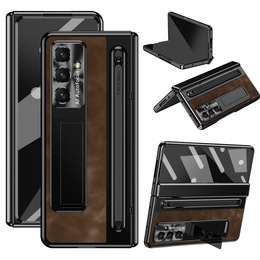 Etui skórzane do Samsung Galaxy Z Fold7 5G, z podstawką, szkłem i rysikiem, brązowe