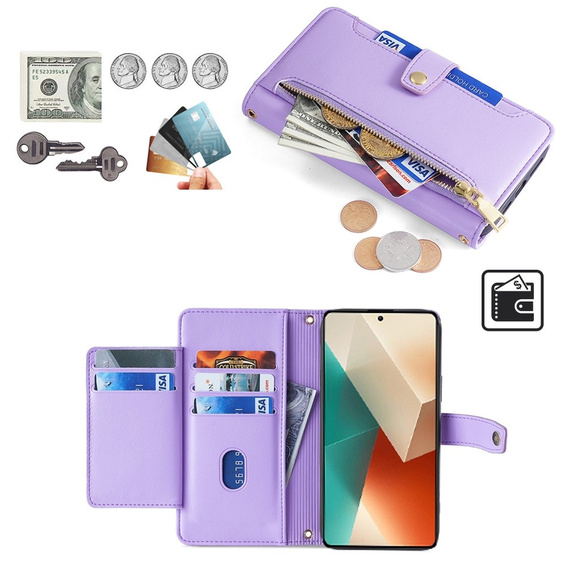 Etui z klapką do Xiaomi Redmi Note 13 5G, Wallet Zipper Pocket, fioletowe