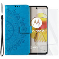 Zestaw Etui z klapką do Motorola Moto G73 5G, portfel Mandala, niebieskie + szkło