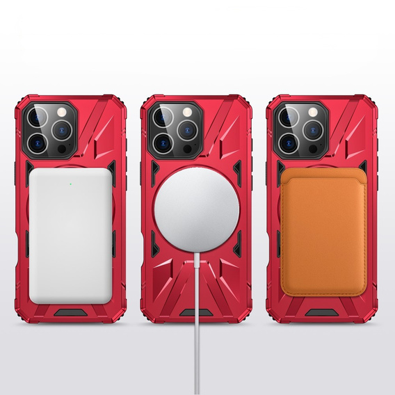 Etui do iPhone 16 Pro, pancerne z podstawką i blaszką do uchwytu, czerwone