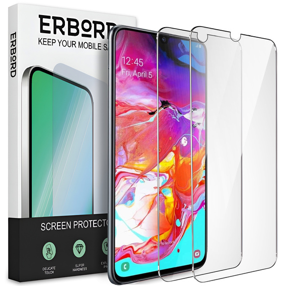 2x Szkło Hartowane do Samsung Galaxy A70, ERBORD 9H Hard Glass, szybka