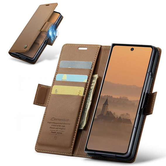 Etui z klapką CASEME do Samsung Galaxy Z Fold7 5G Litchi Wallet – brązowe