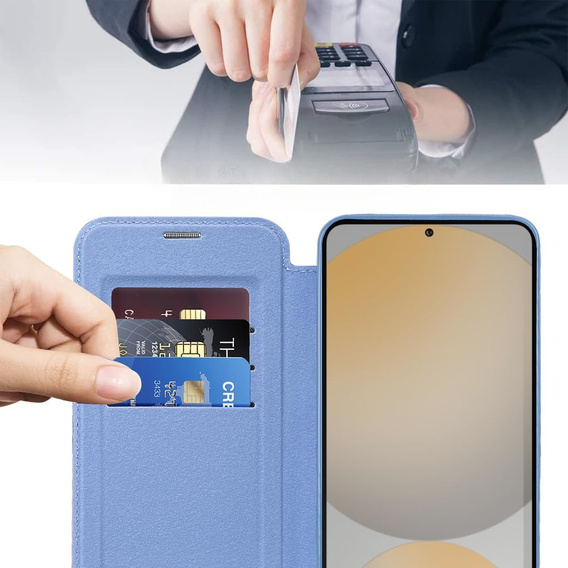 Etui z klapką do Samsung Galaxy S25 FE, RFID Wallet MagSafe z ochroną aparatu, niebieskie