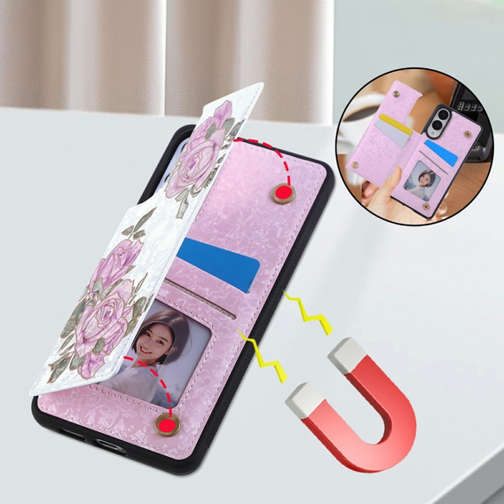 Etui do Samsung Galaxy S25 Edge – skórzane, z ochroną RFID, kieszonkami na karty, motyw kwiatu róży