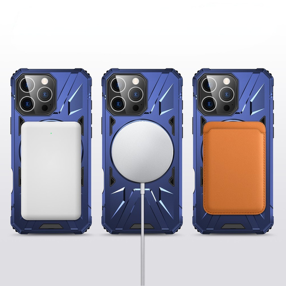 Etui do iPhone 16 Pro, pancerne z podstawką i blaszką do uchwytu, niebieskie