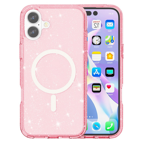Etui do iPhone 17, do MagSafe, brokatowe, półprzezroczyste różowe
