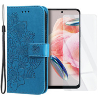 Zestaw Etui z klapką do Xiaomi Redmi Note 12 5G / POCO X5 5G, portfel Mandala i kwiaty, Niebieskie + szkło