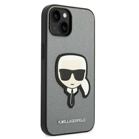 Etui Karl Lagerfeld do iPhone 14, Saffiano Karl's Head Patch, srebrne