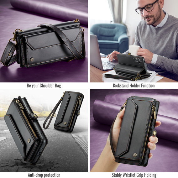 Etui CASEME do Samsung Galaxy S25 FE, RFID Leather Wallet, z paskiem na ramię, czarne