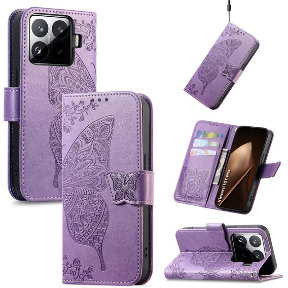 Etui z klapką do Xiaomi 15T Pro, Butterfly, fioletowe