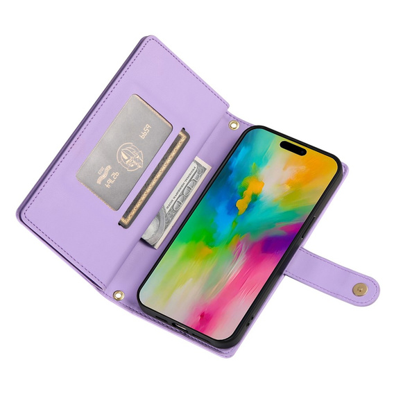 Etui z klapką do iPhone 16 Pro, Wallet Zipper Pocket, fioletowe