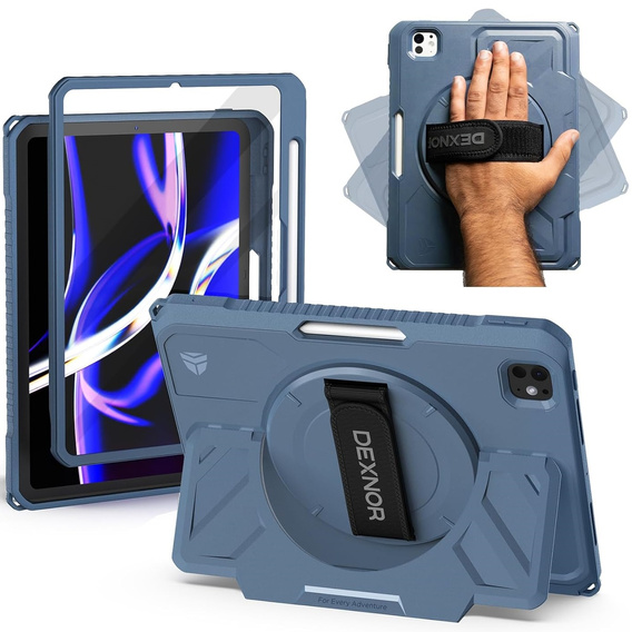 Etui Dexnor 360° do iPad Pro 11 2024 (5 gen.), z paskiem i miejscem na rysik - niebieskie