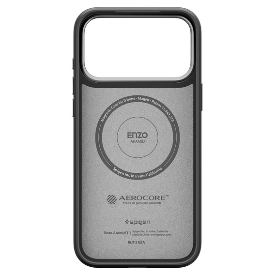 Etui Spigen do iPhone 17 Pro, Enzo Aramid MagSafe, carbon czarne / srebrne