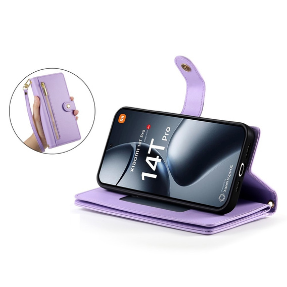 Etui z klapką do Xiaomi 14T Pro, Wallet Zipper Pocket, fioletowe