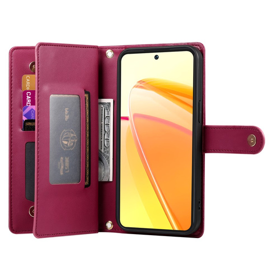 Etui z klapką do Oppo Reno 13 5G, Wallet Zipper Pocket, czerwone