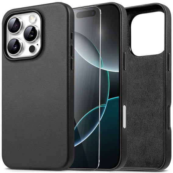 Etui skórzane do iPhone 16 Pro, ERBORD Leather MagSafe, czarne + Szkło na ekran