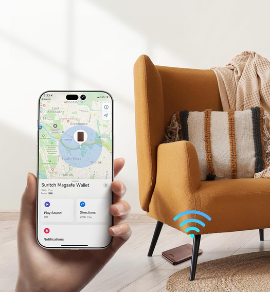 Magnetyczny portfel SURITCH z lokalizatorem Find My, NFC i podstawką – brązowy