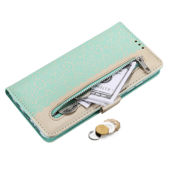 Etui z klapką do Samsung Galaxy A53 5G, Wallet Pocket Zipper Lace, zielone