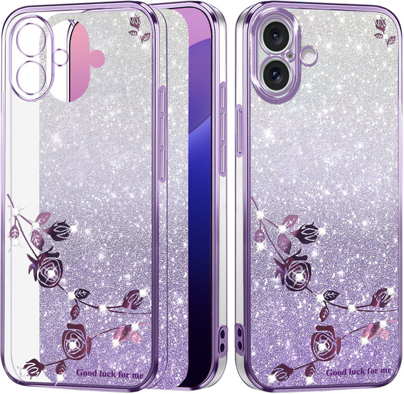 Etui do iPhone 16 Plus, Glitter Flower, fioletowe