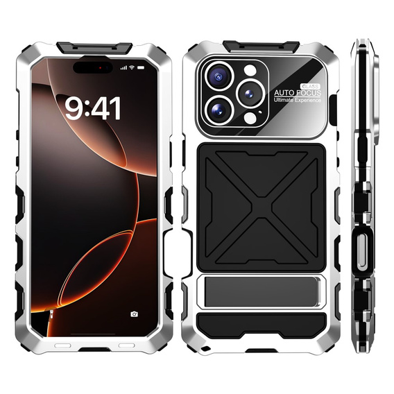 Etui R-Just RJ09-1 do iPhone 16 Pro – srebrne, aluminiowe, z silikonową ramką i szkłem hartowanym