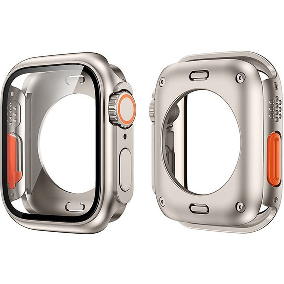 2w1 Pełne Etui + Szkło Hartowane do Apple Watch 4/5/6/SE 44MM, Tytanowe/Pomarańczowe