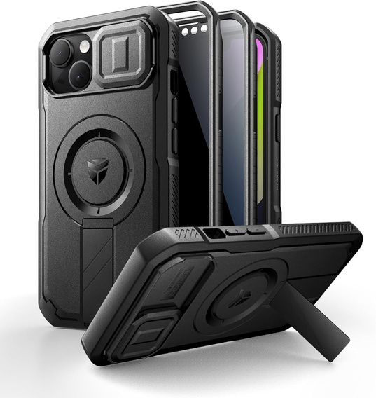Etui pancerne do iPhone 13 / 14, Dexnor CamProtect MagSafe, z folią prywatyzującą, czarne (Dwie ramki)