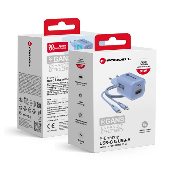 Forcell F-Energy GaN III Crystal Color VT-41 33W – ładowarka z kablem USB-C - niebieska