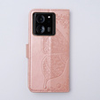 Zestaw Etui z klapką do Xiaomi 13T / 13T Pro, Motyl, różowe rose gold + Szkło