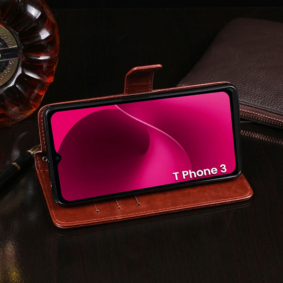Etui z klapką do T Phone 3 5G, Crazy Horse Wallet, brązowe